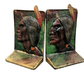 Pair of Painted Cast Iron Bookends- Native American