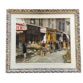 Untitled Acrylic on board- French Market Scene, signed Burnside.