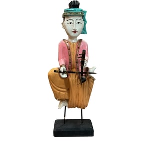 Hand Carved and Painted Thai/Burmese/Indonesian Musician Figure