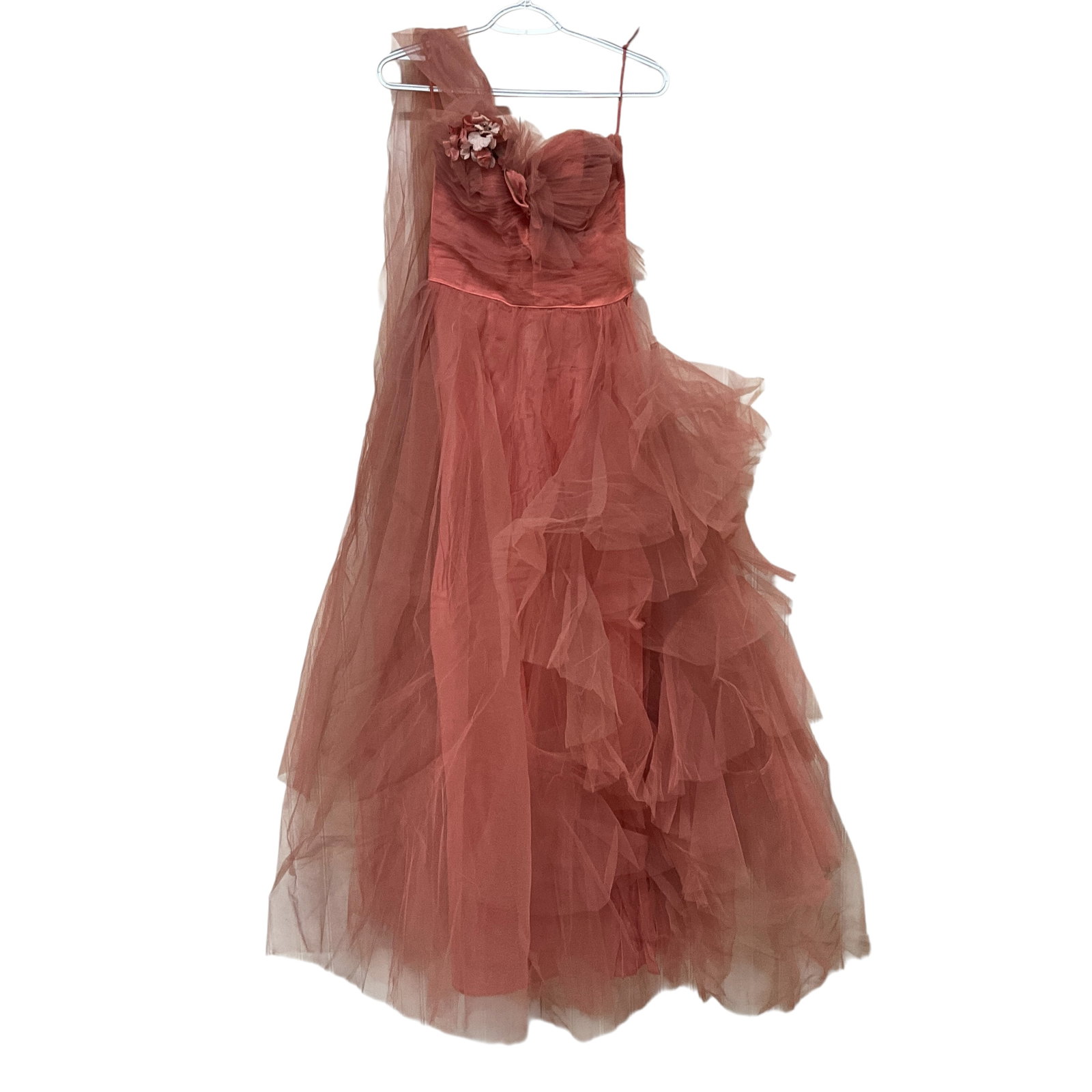 Salmon Pink Prom or Formal Gown: Salmon Pink Prom or Formal Gown. Polyester tulle over a satin under-dress. What we called a "Formal" back in the day, a note pinned inside states that this was worn in the "Miss Baroda" pageant in 199