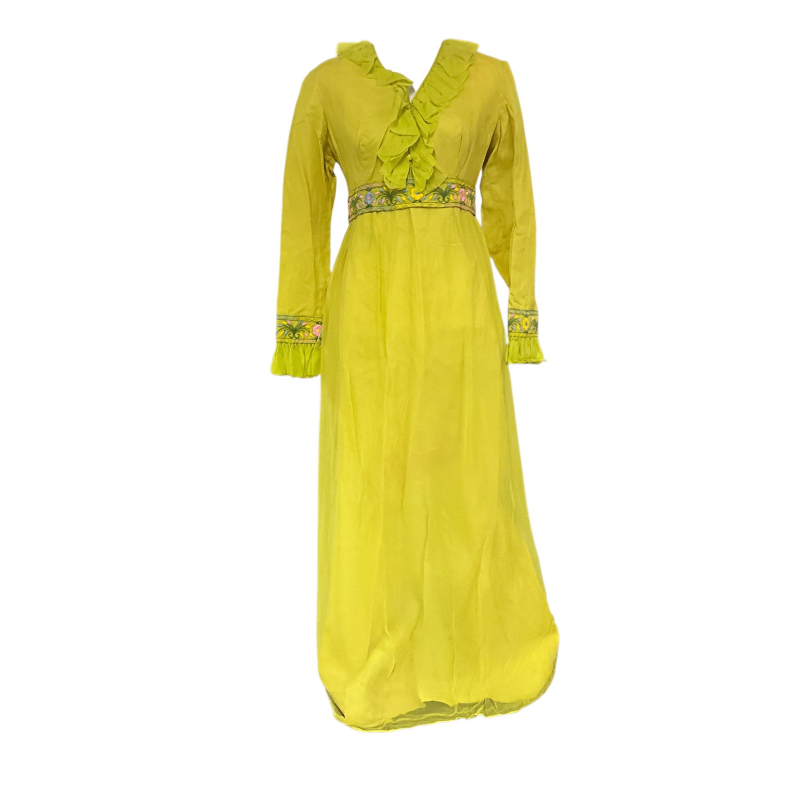 Vintage Bridesmaid's Dress: Vintage Bridesmaid's Dress- chartreuse polyester, with a princess waist, floral banding, and a chiffon overlay and collar. 1970's chic... Looks like a Medium.