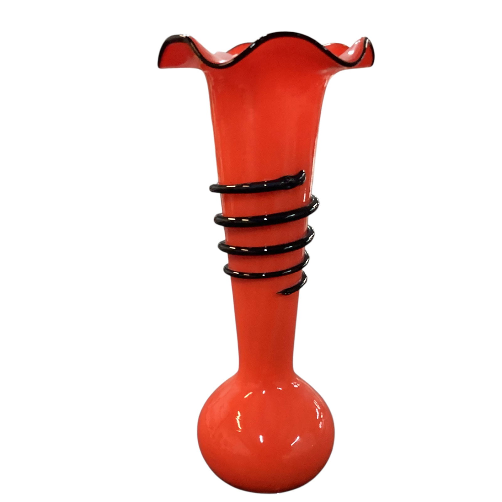 Art Glass Vase: Art Glass Vase- Orange art glass vase with bulbous bottom, ruffled rim, with applied decoration in black glass to rim and spiraling around the body of the vase.