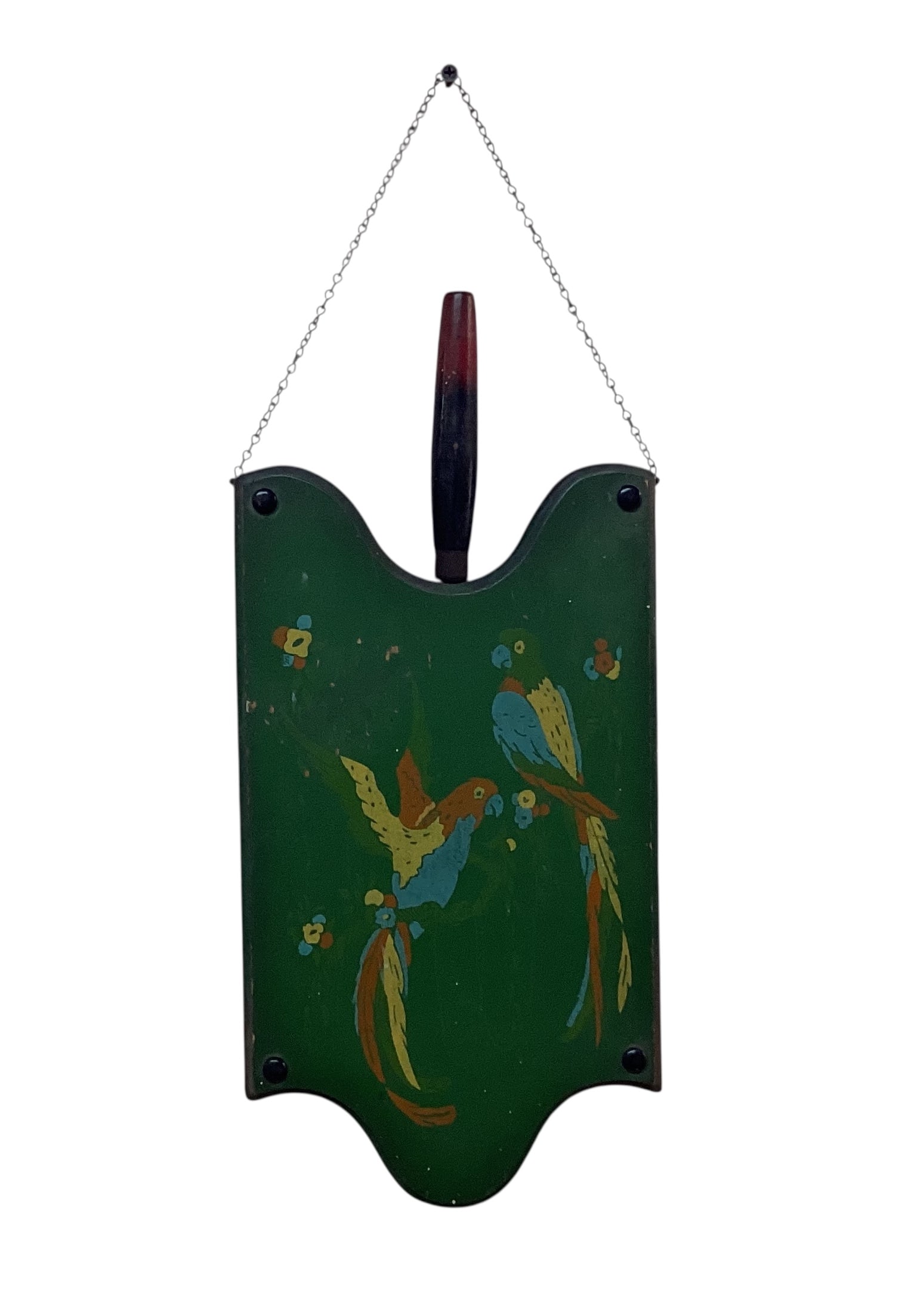 1920's-30's Art Deco Breadboard and Knife: 1920's-30's Art Deco breadboard and Knife. Wall hung breadboard with hanging chain. Board is slotted to hold bread knife. Green with stencilled colorful parrots, and small button feet, so backside of 