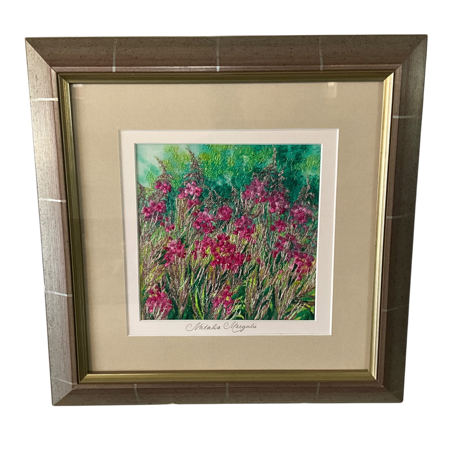 Natalia Margulis (Russian, 20th Century) "Fireweed" Embroidery: Natalia Margulis (Russian, 20th Century) "Fireweed" Embroidery. Natalia Margulis is a Russian born fiber and embroidery artist whose works have been exhibited nationally and internationally.