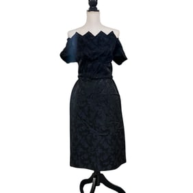 Navy on Black Floral Brocade Dress, 1950's-60's