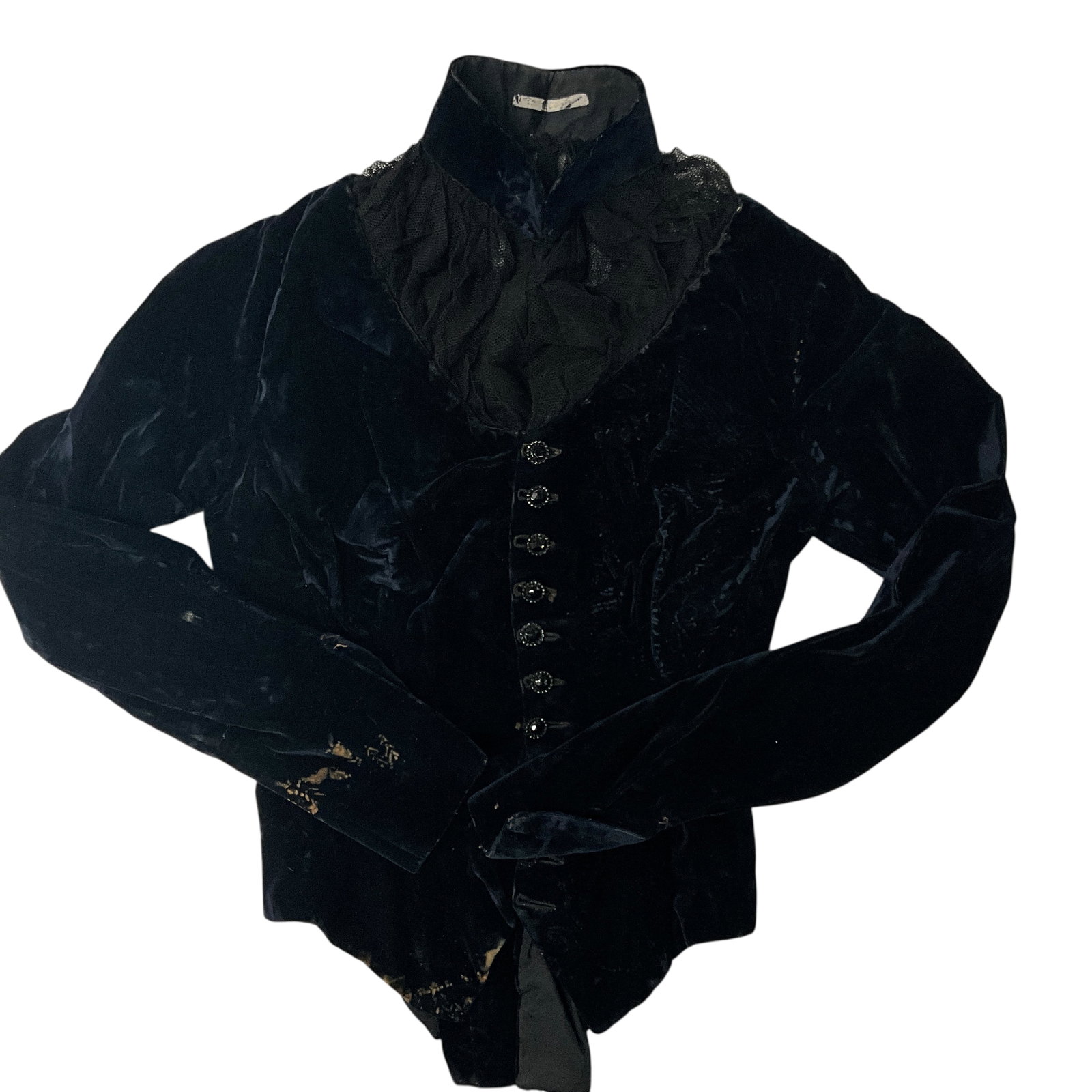 Victorian Ladies Waistcoat: Victorian Ladies Waistcoat. Black velvet waistcoat with faceted beaded buttons and a lace inset collar. Pattern transfer stain on RH sleeve and lower right. Size is tiny, as is typical of many article