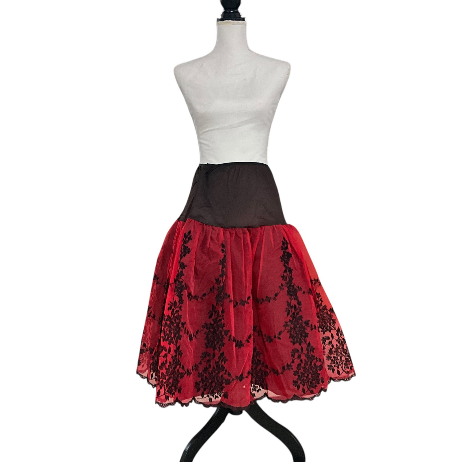 1950's Red/Black Crinoline: Red mesh with black floral embroidery over layers of black tulle and organza. Brand is Karell. Size appears to be a medium.