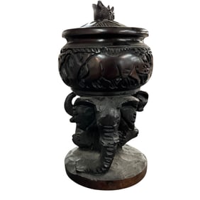 Carved African Game Pedestal Covered Bowl