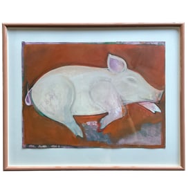 Artist Unknown, Sleeping Pig- Acrylic on Paper