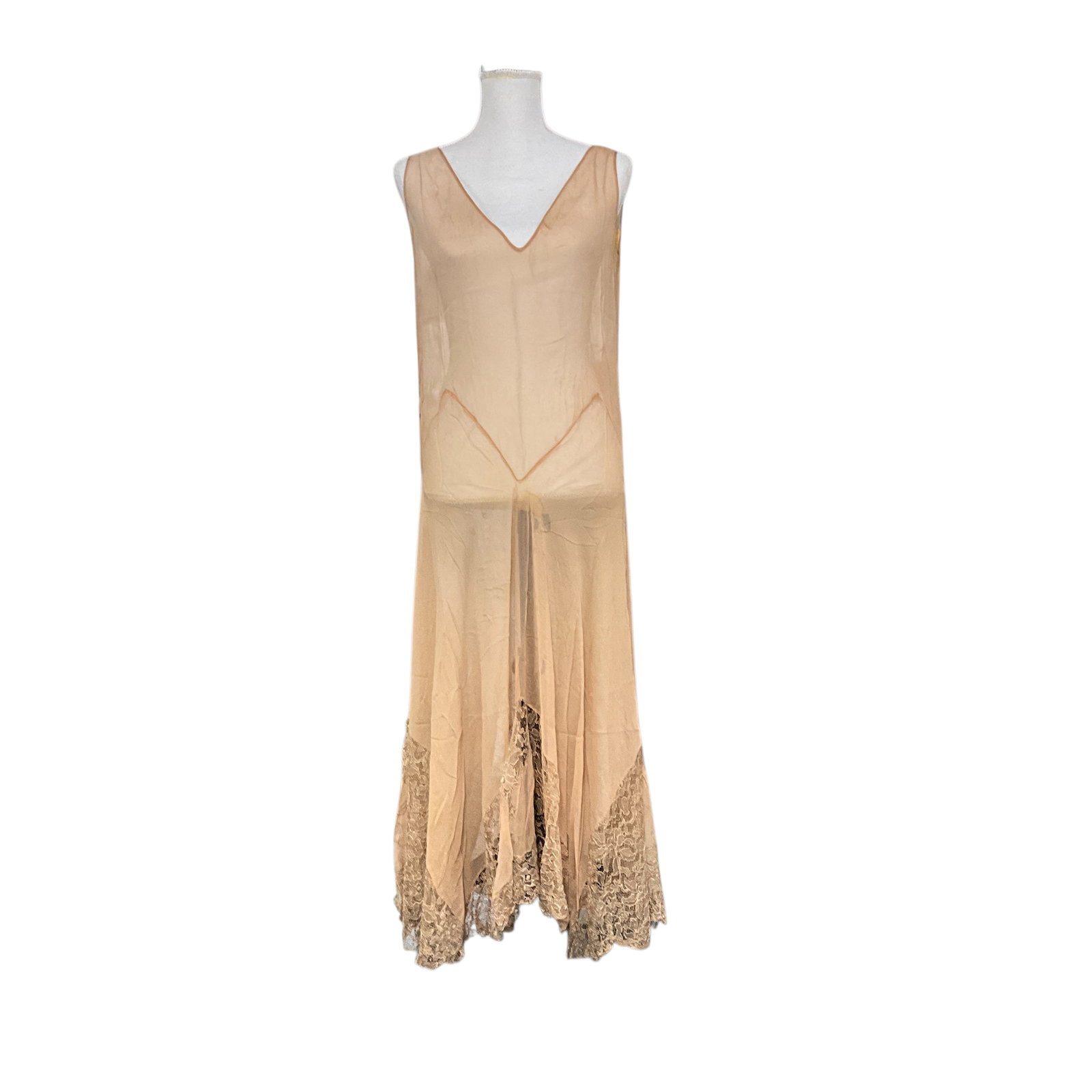 Sheer 1920's Chiffon/Lace Slip or Over-Dress: Sheer 1920's Chiffon/Lace Slip or Over-Dress. Peach, with side snap closure. Small to medium size. Some staining and light soiling.