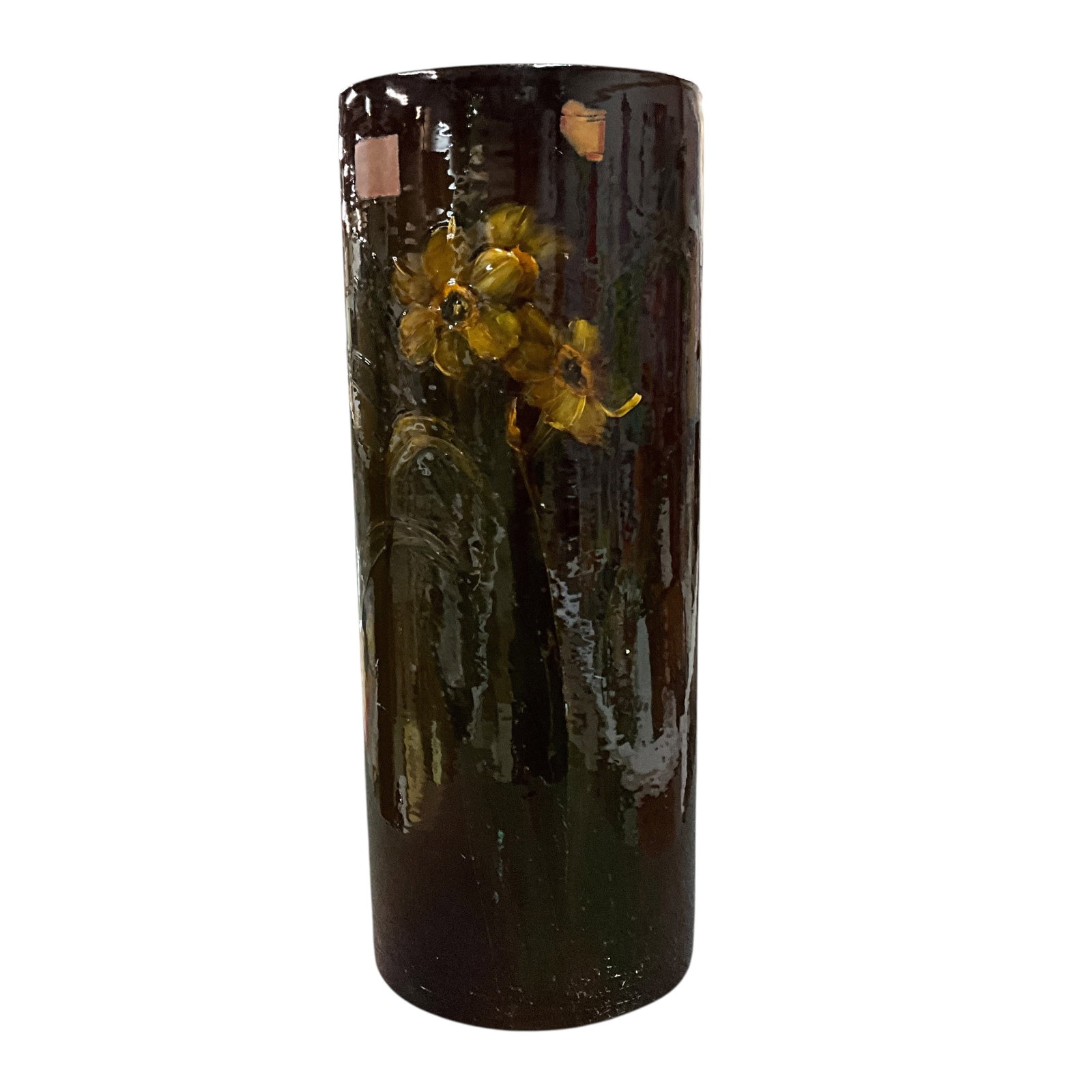 Roseville Rozane Ware, Owens Utopia, or Similar Umbrella Stand: Roseville Rozane Ware, Owens Utopia, or Similar Umbrella Stand. Unmarked, with brown gloss glaze and raised hand painted floral decoration. There is an old adhesive label on the side, which may be an 