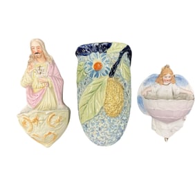Two home Holy Water Fonts and a Floral Wall Pocket
