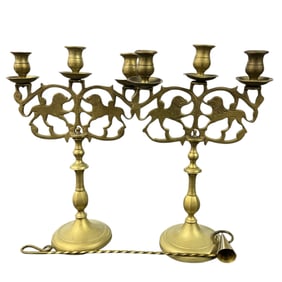 Pair of Brass Triple Candelabra and Snuffer