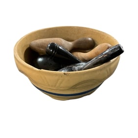 Yellowware Mixing Bowl with Five Antique Darning Eggs