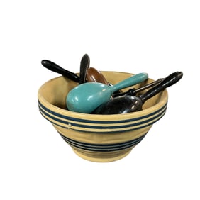 Yellowware Mixing Bowl with Ten Antique Sewing Aids