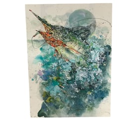 Coy Jankowski (American, b. 1964). Marlin Fishing, mixed media on paper.