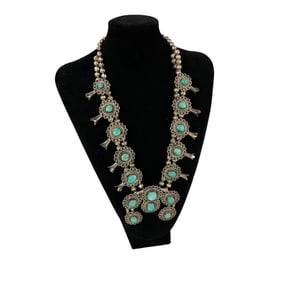 Vintage Native American Sterling & Turquoise Squash Blossom Necklace