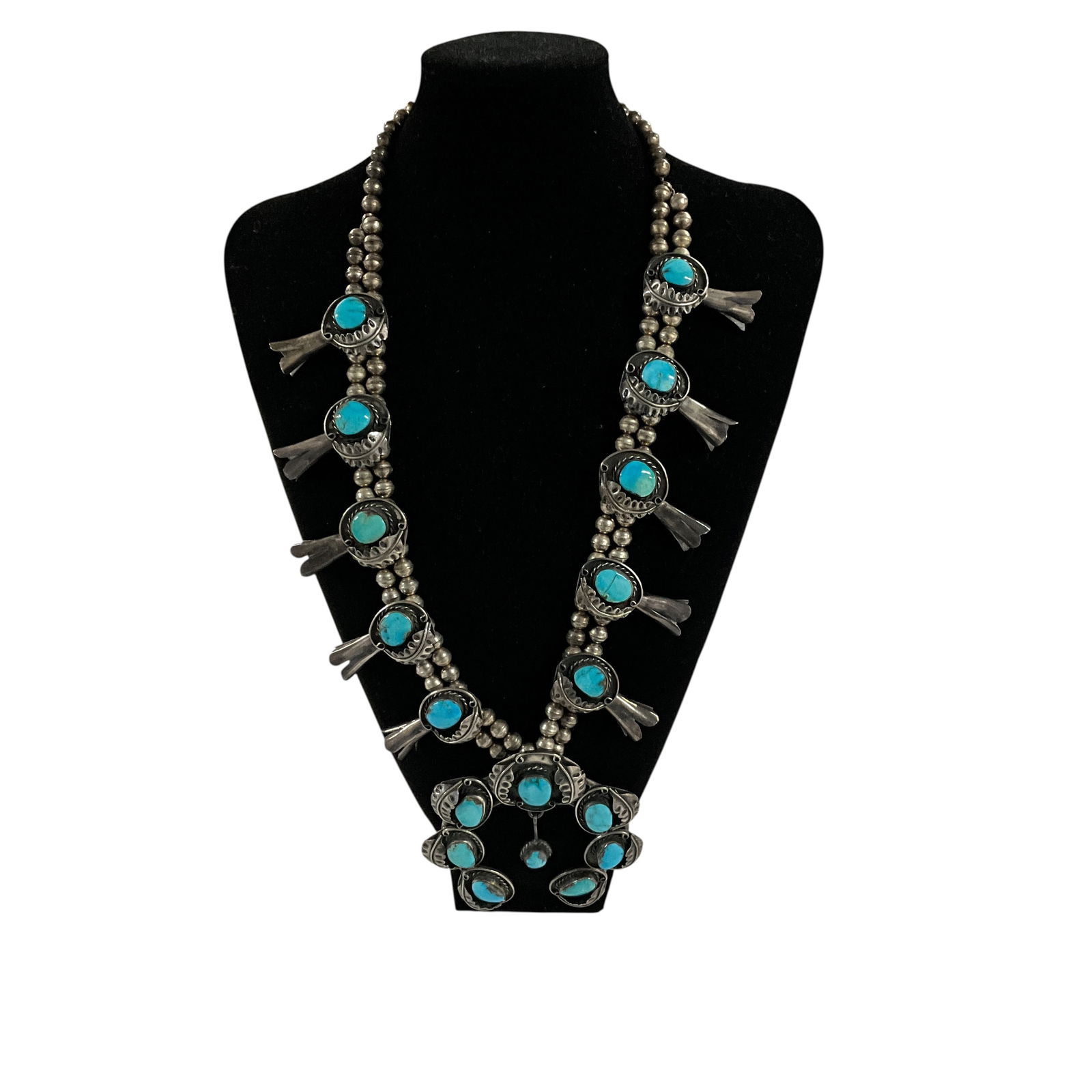 Vintage Native American Sterling & Turquoise Squash Blossom Necklace (1 of 4)
