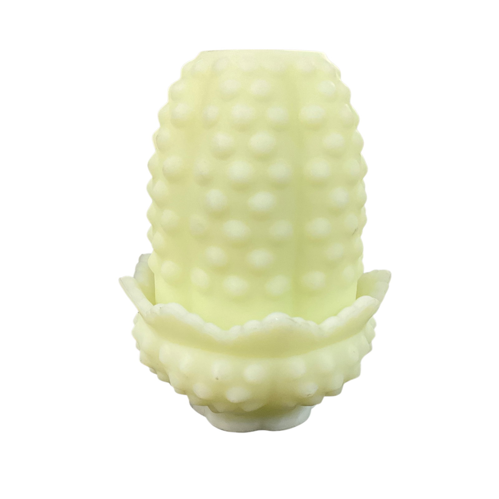 Fenton Satin Custard Uranium Glass Fairy Lamp: Fenton Satin Custard Uranium Glass Fairy Lamp- brightly fluorescent under UV light.