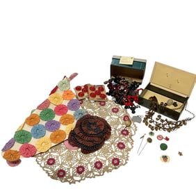Antique Needlework Items, Buttons,  & Hat Pins
