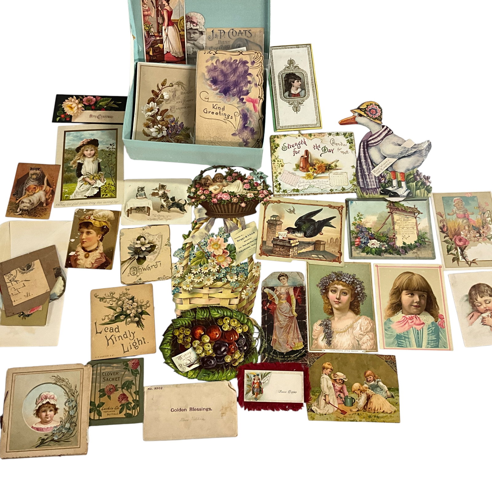 Antique Greeting and Advertising Cards, Scrap Art: Victorian Ephemera- Antique Greeting and Advertising Cards, Scrap Art. There is a "Naughty" Harper Whiskey ad. Photos show only part of this huge lot of ephemera. EL