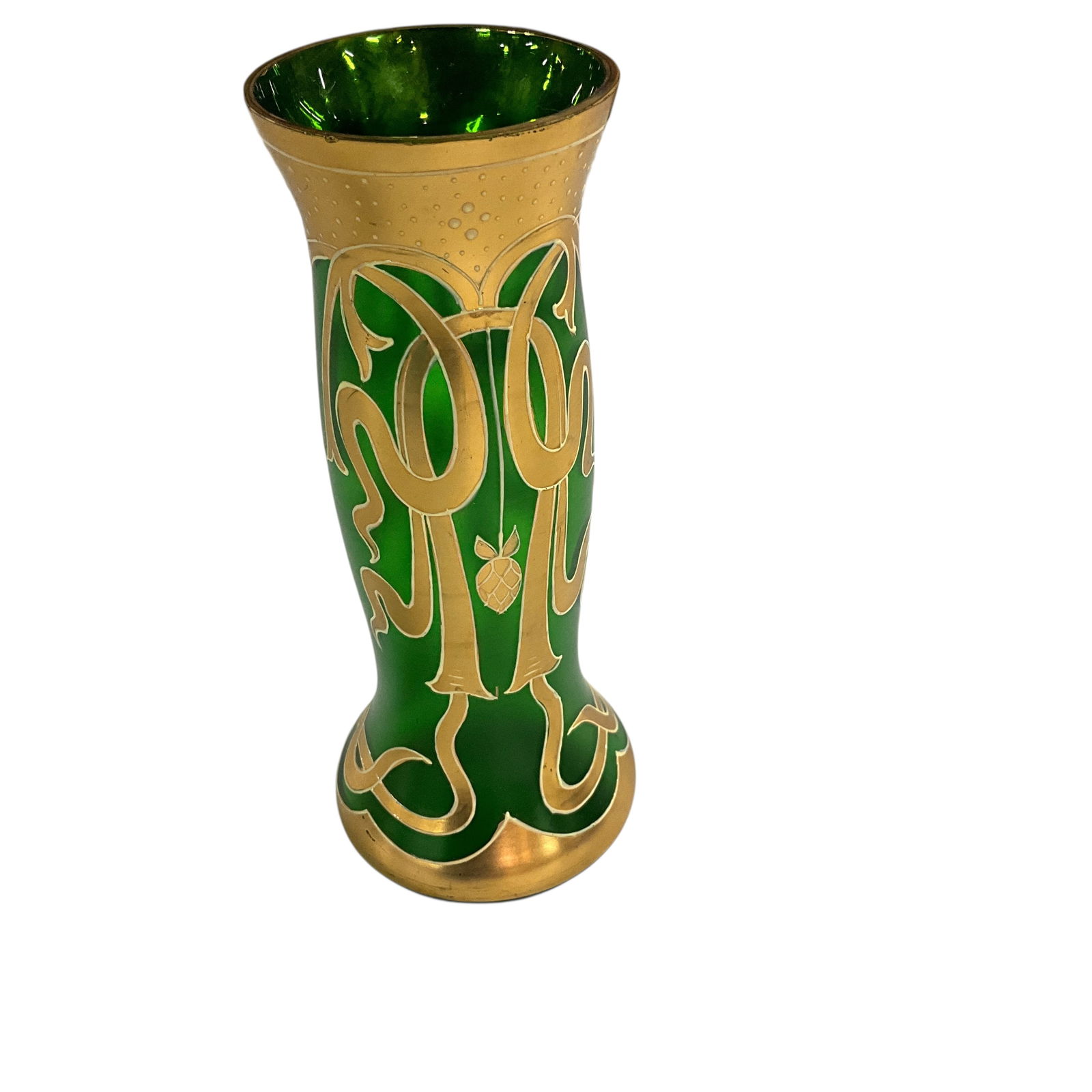 Art Nouveau Art Glass Gilt Vase: Art Nouveau era hand painted vase. The emerald green glass has a matte satin finish, elaborate stylized gold overlay work. Most likely of Czechoslovakian or Austrian origin. 6" X 2.5"