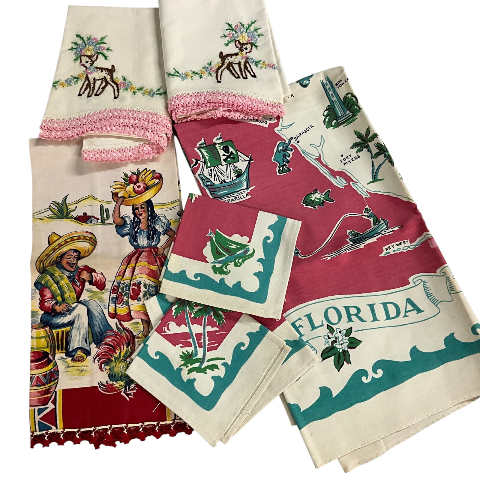 1940's-1950's Souvenir Table Linens: 1930's-1940's Souvenir Table Linens- colorful Florida tablecloth (32" X 34") with 4 matching napkins, a Mexico print towel, plus a couple of Bambi embroidered pillowcases.
