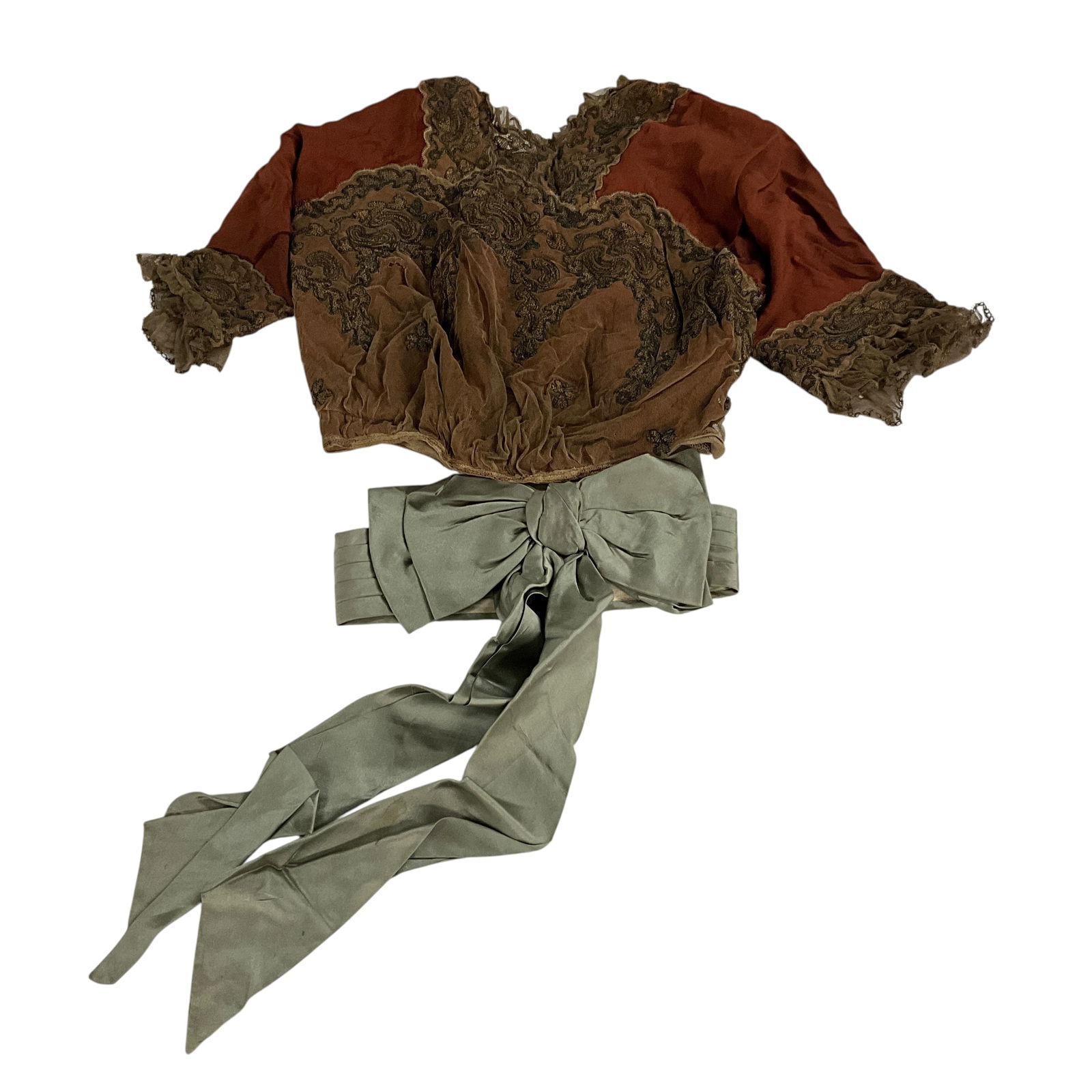 Early 20th Century Sash and Blouse: Early 20th Century Sash and Blouse. Gray satin sash, and a rust blouse with lace overlay.