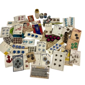 Box Lot of Buttons and Embroidered Handkerchiefs