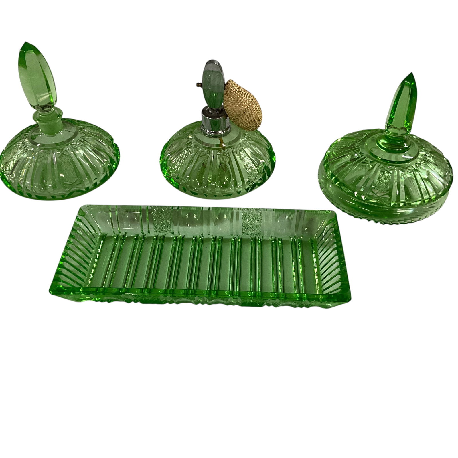 Green Cut Glass Perfume/Dresser Set (1 of 3)