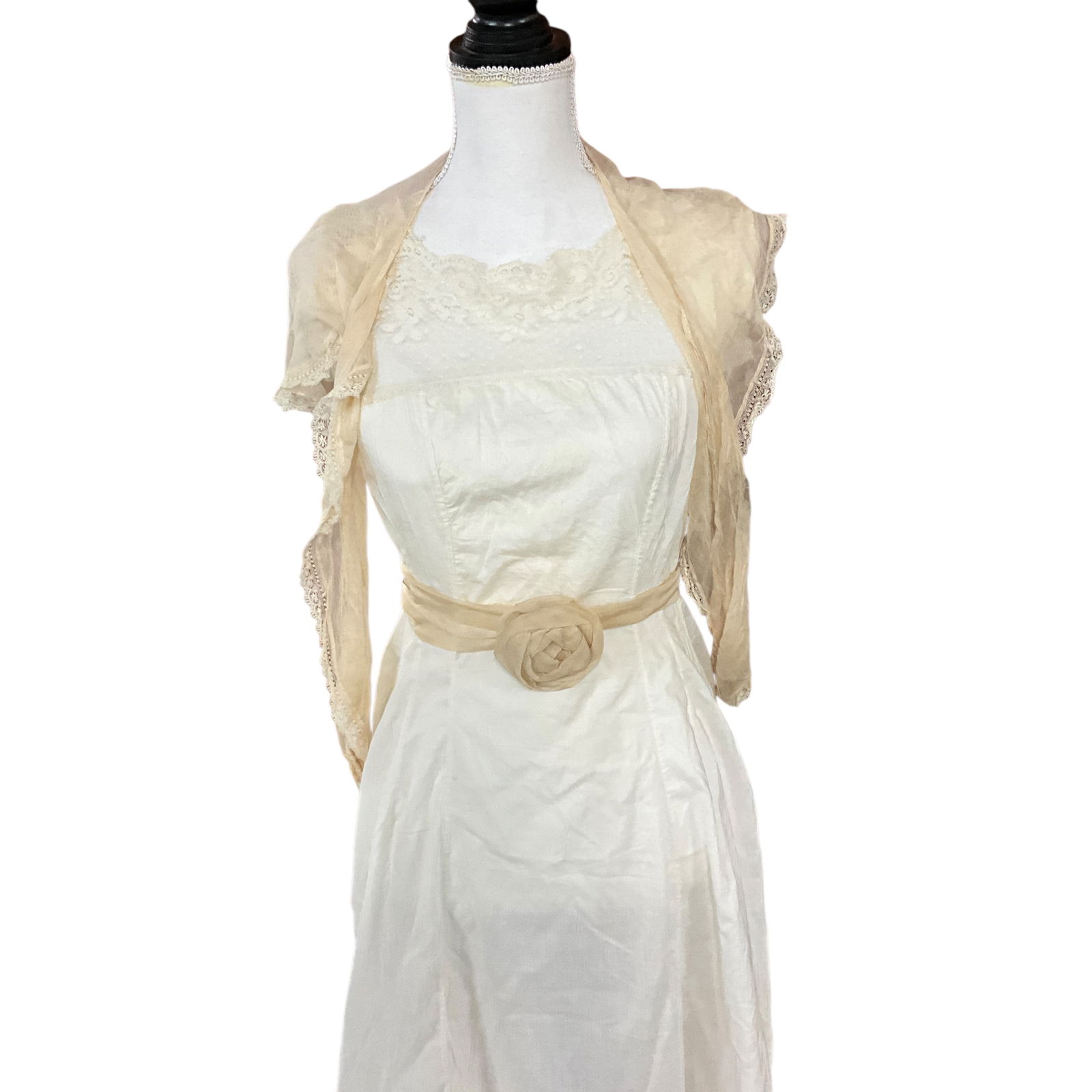 Victorian/Edwardian Garments: Victorian/Edwardian Garments- Off white linen and lace. Two dresses or slips, and some accessories, such as an off white collar and rose belt or sash.