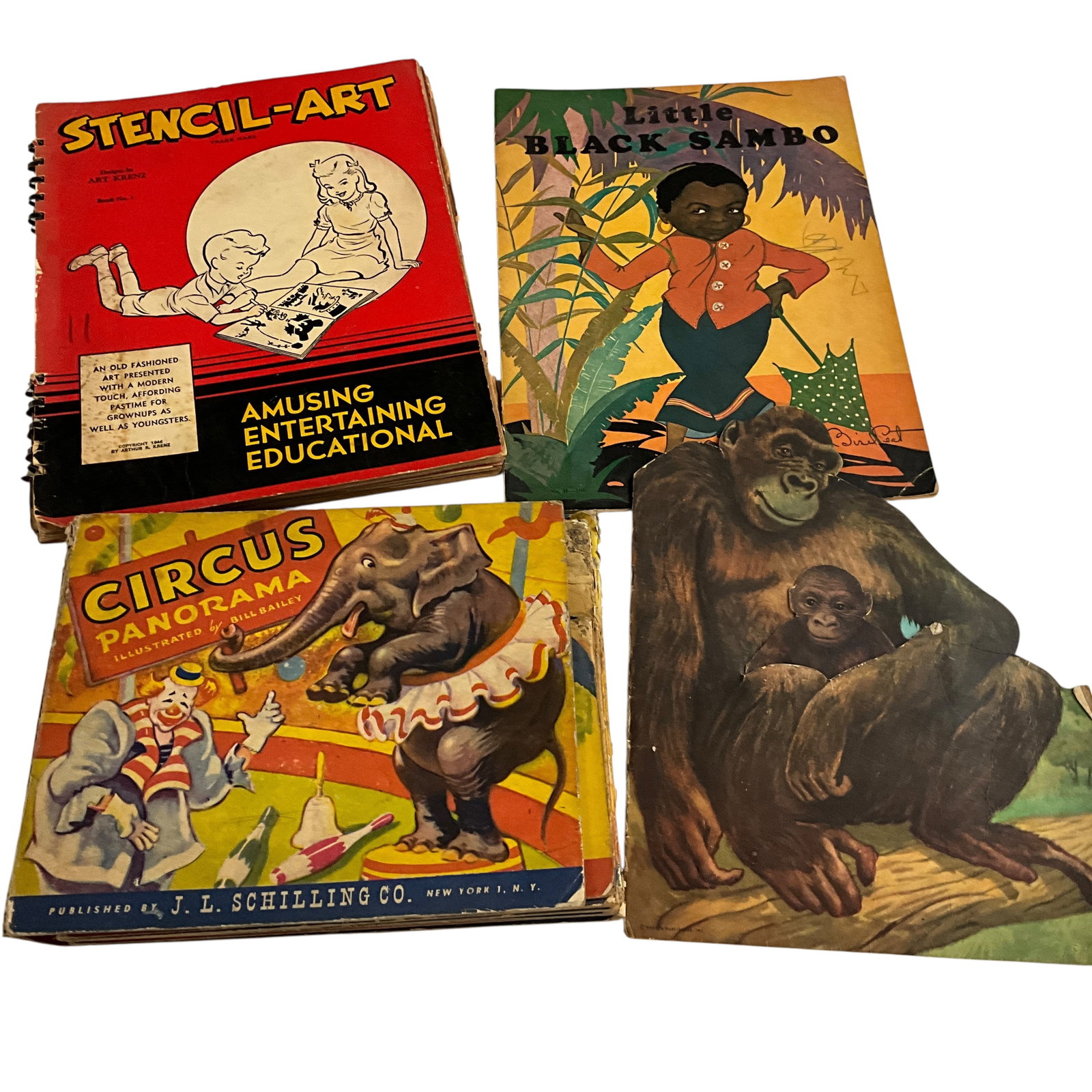 1930's-1940's Childrens Large Format Books: 1946 Ringling Bros Barnum & Bailey Circus Fold-out Book, 1945 Gambie Gorilla, 1931 Little Black Sambo, 1946 Stencil Art Drawing Book.