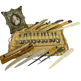 Lot of Letter Openers, Mother of Pearl Quill Pen in a fitted case, Spoons, Frame