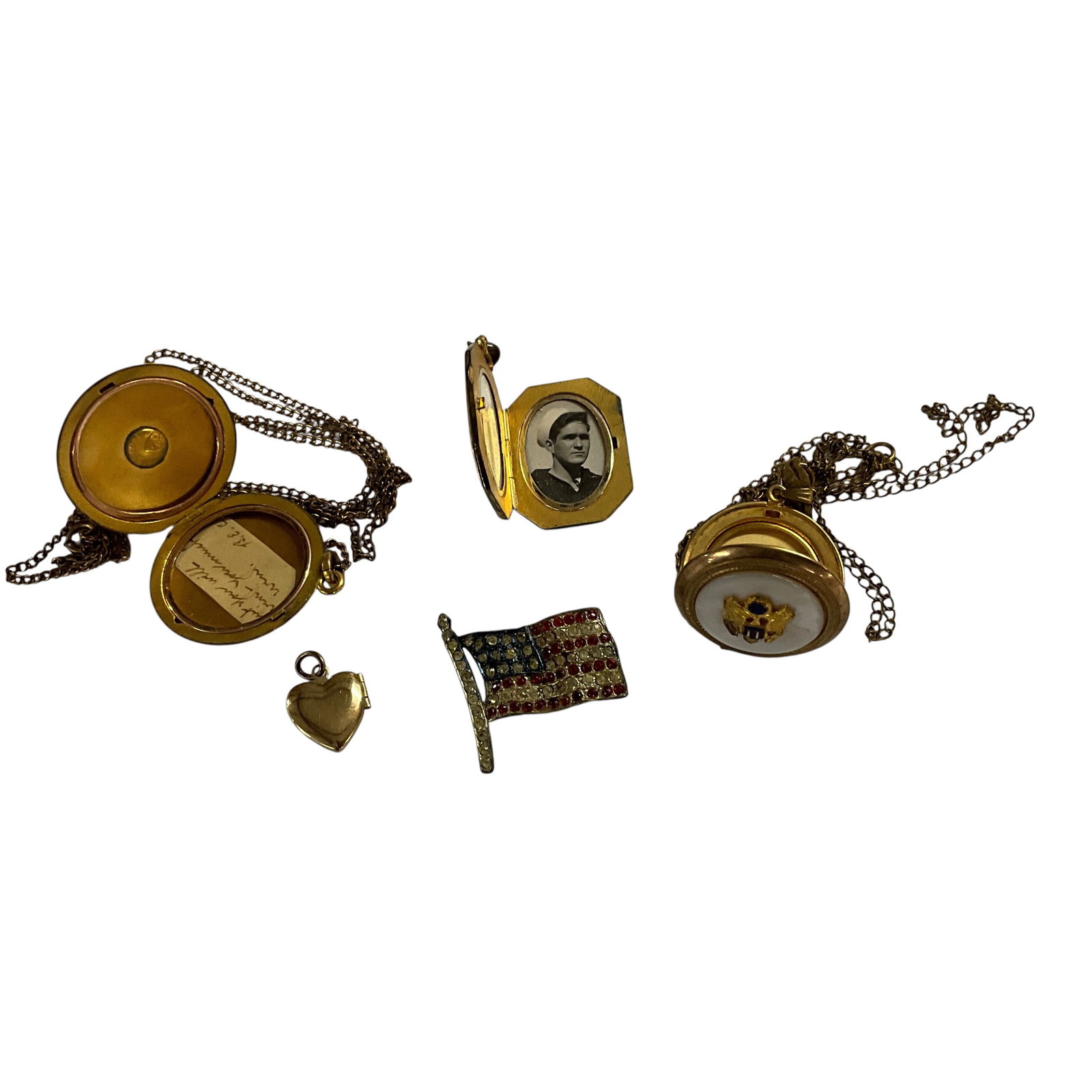 Group of WWII Sweetheart Jewelry: Group of WWII Sweetheart Jewelry- Four lockets and a jewelled flag pin. EL