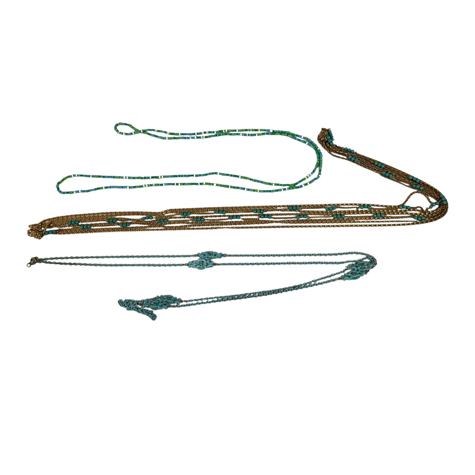 Three Long Chain Necklaces: Three Long Chain Necklaces- they look great when doubled and worn together. A strand of turquoise look beads, approx. 46" long, a turquoise painted chain, approx. 54" long, and a 4 strand chain neckla