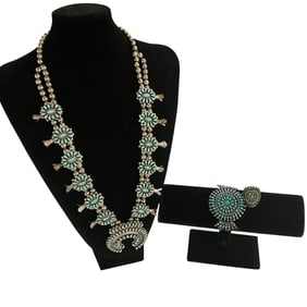 Sterling and Turquoise Squash Blossom Necklace, bracelet and Ring