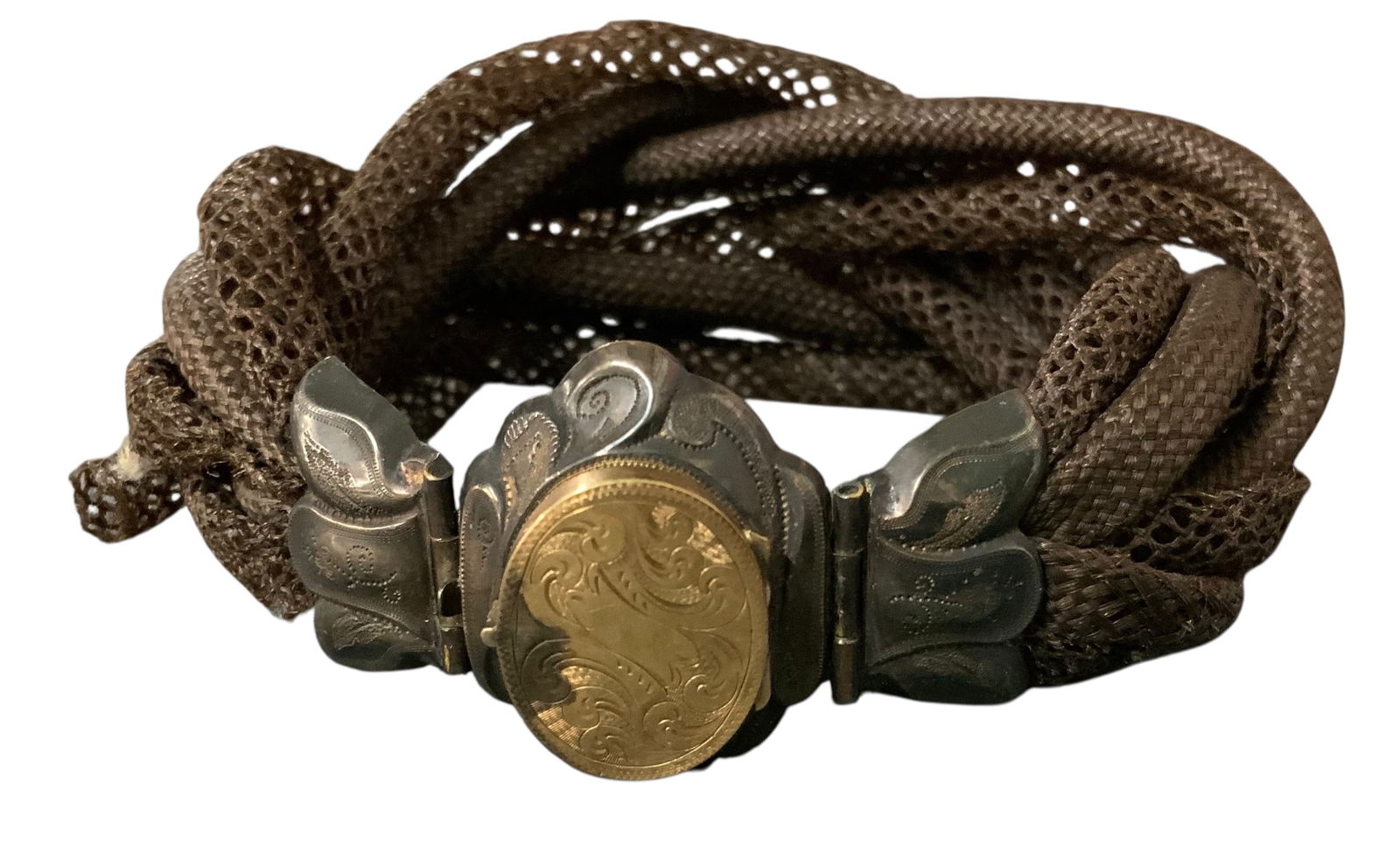 Hair Jewelry Bracelet: Civil War era hair bracelet with locket. While often associated with mourning the deceased, hair jewelry could also be exchanged as a token of love, friendship or remembrance among the living. This br
