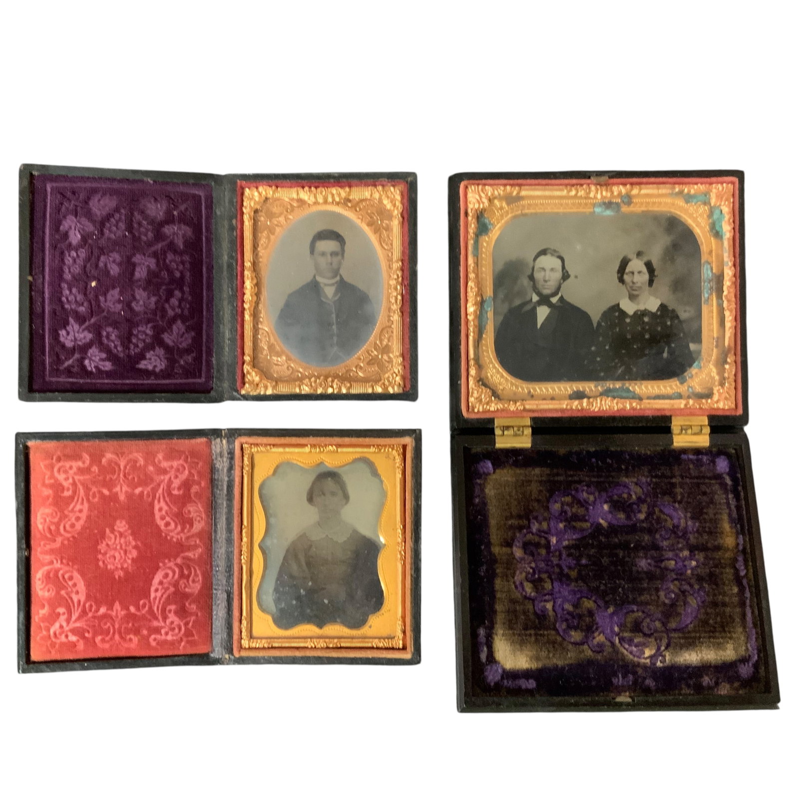 Collection of Ambrotype/Daguerreotypes: The first image is of a married couple, Grandfather & Grandmother Van Patten. There is Some discoloration taking effect in the metal frame of the photograph. The case is a purple velvet-lined gutta-pe