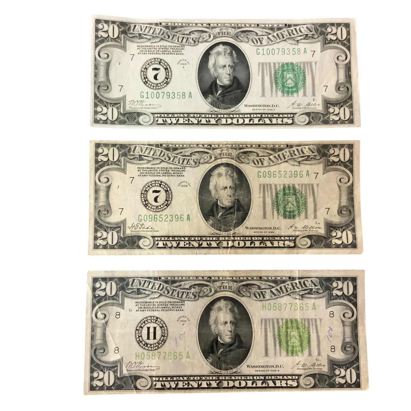 Old Paper Currency: Three 1928 $20 Bills. For condition and series, see photos