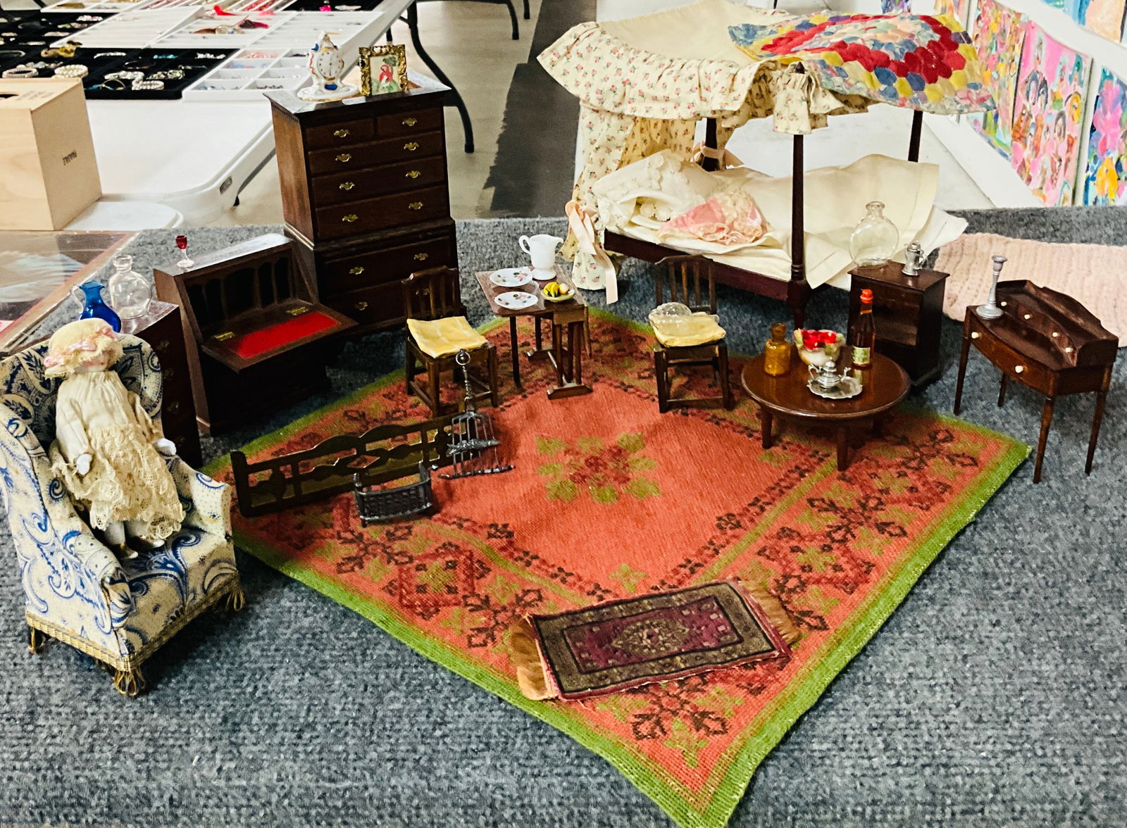 Collection of Dollhouse Furniture: Whimsical collection of dollhouse furniture. Includes a 4 poster bed with linens, dressers, tall boy, tables, rugs and a nice collection of smalls.