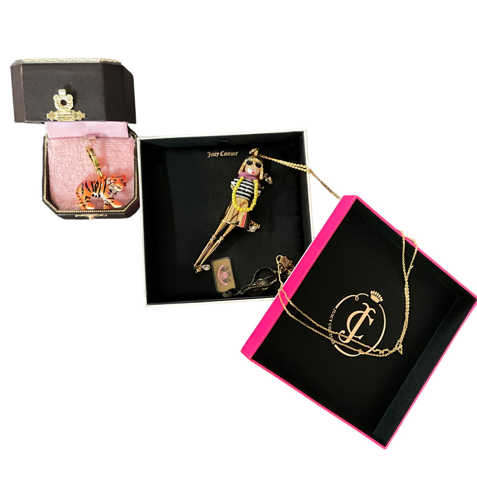 Juicy Couture Jewelry: Enamel Tiger Charm with Crystal Collar. "Fashionista" Necklace on 30" chain.