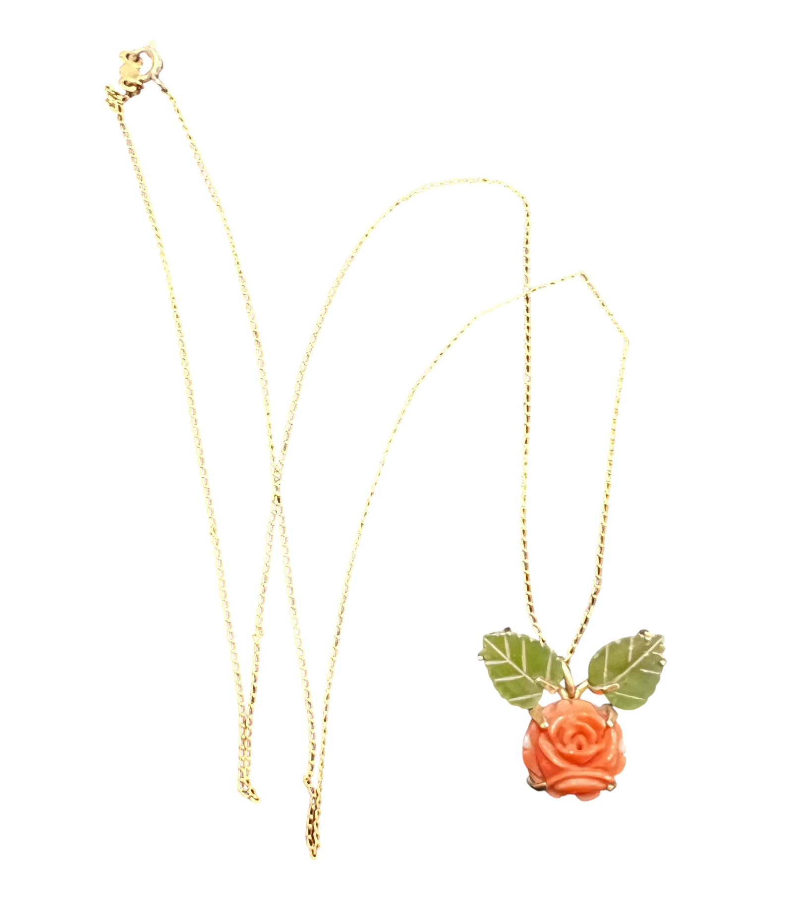 Pretty Coral & Chrysoprase Rosebud Necklace: A 20" 14k chain with unmarked pendant. Pendant is a carve coral rosette and chrysoprase leaves.