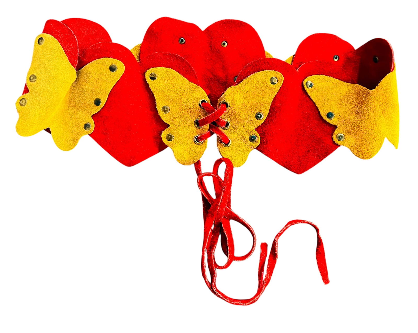 Boho Suede Hearts and Butterfly Belt: Appears to be custom made. Alternating yellow butterflies and red hearts. Belt length is 28", not including ties.