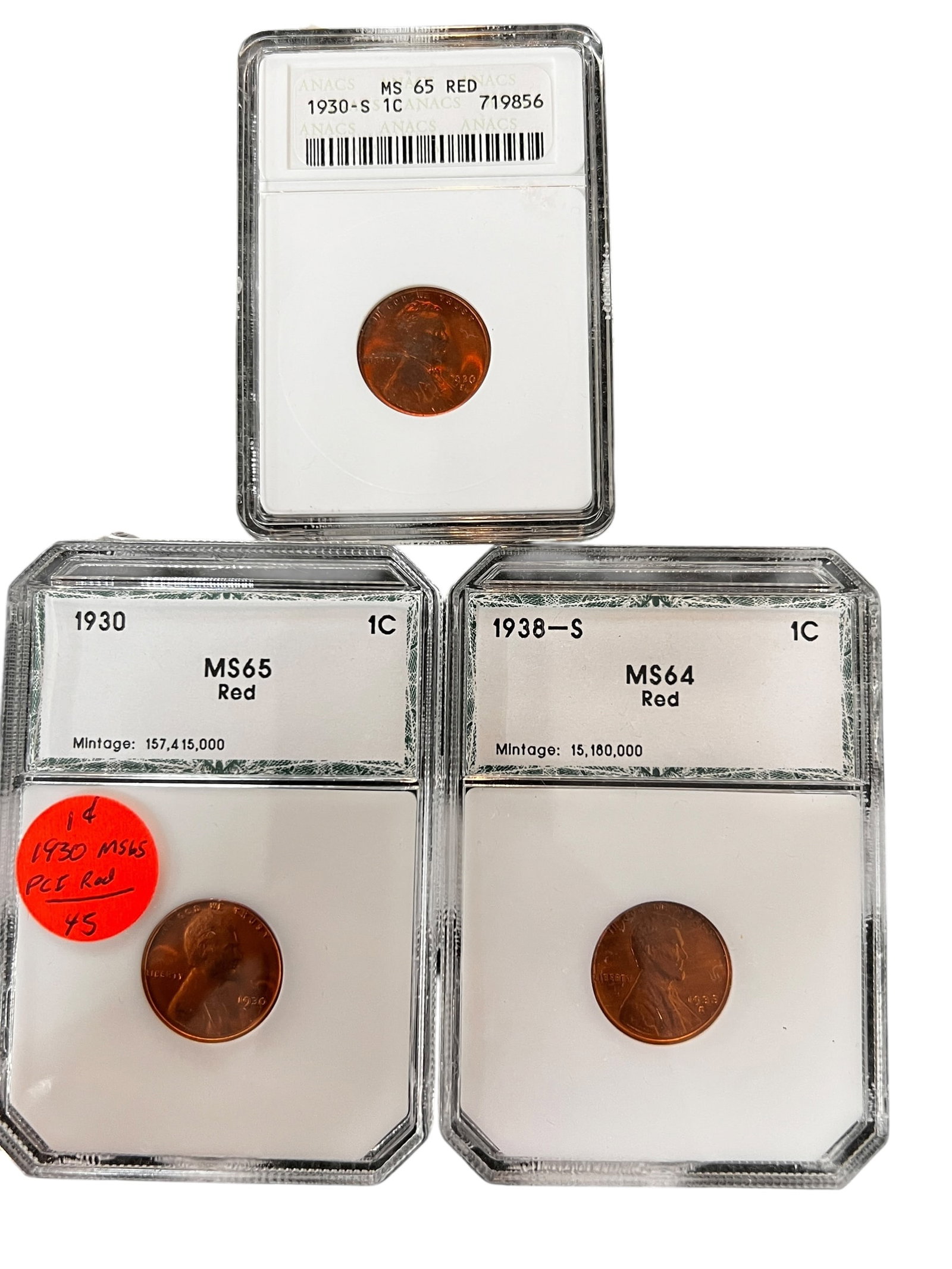 Lincoln Wheat Pennies-Graded: 1938 S MS64 Red1930 S MS65 Red1938 S MS64 Red