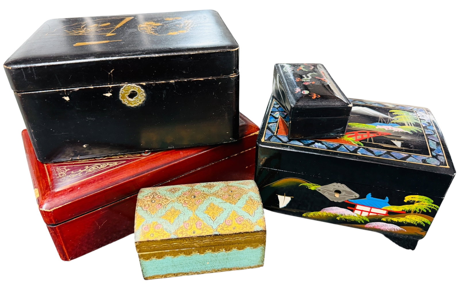Jewelry Boxes: Five amazing vintage jewelry boxes. All hand painted. One appears to have abalone inlaid. See photos for details and condition