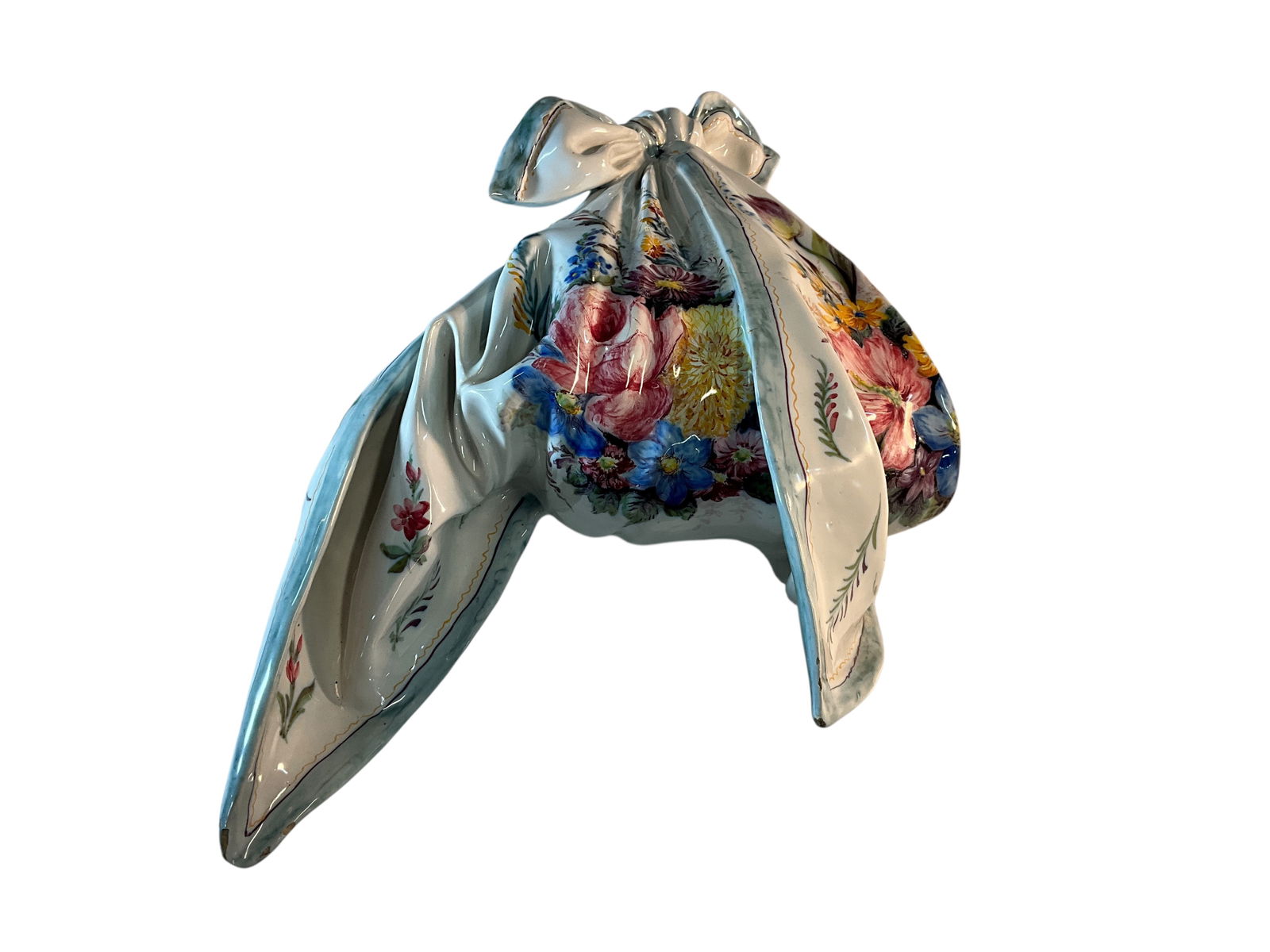 Porcelain Hanging "Handkerchief" Basket/Vase: Porcelain Hanging "Handkerchief" Basket/Vase. With all of our combined years of experience, we have never seen anything quite like this piece. It is a hand painted floral porcelain basket or vase, in