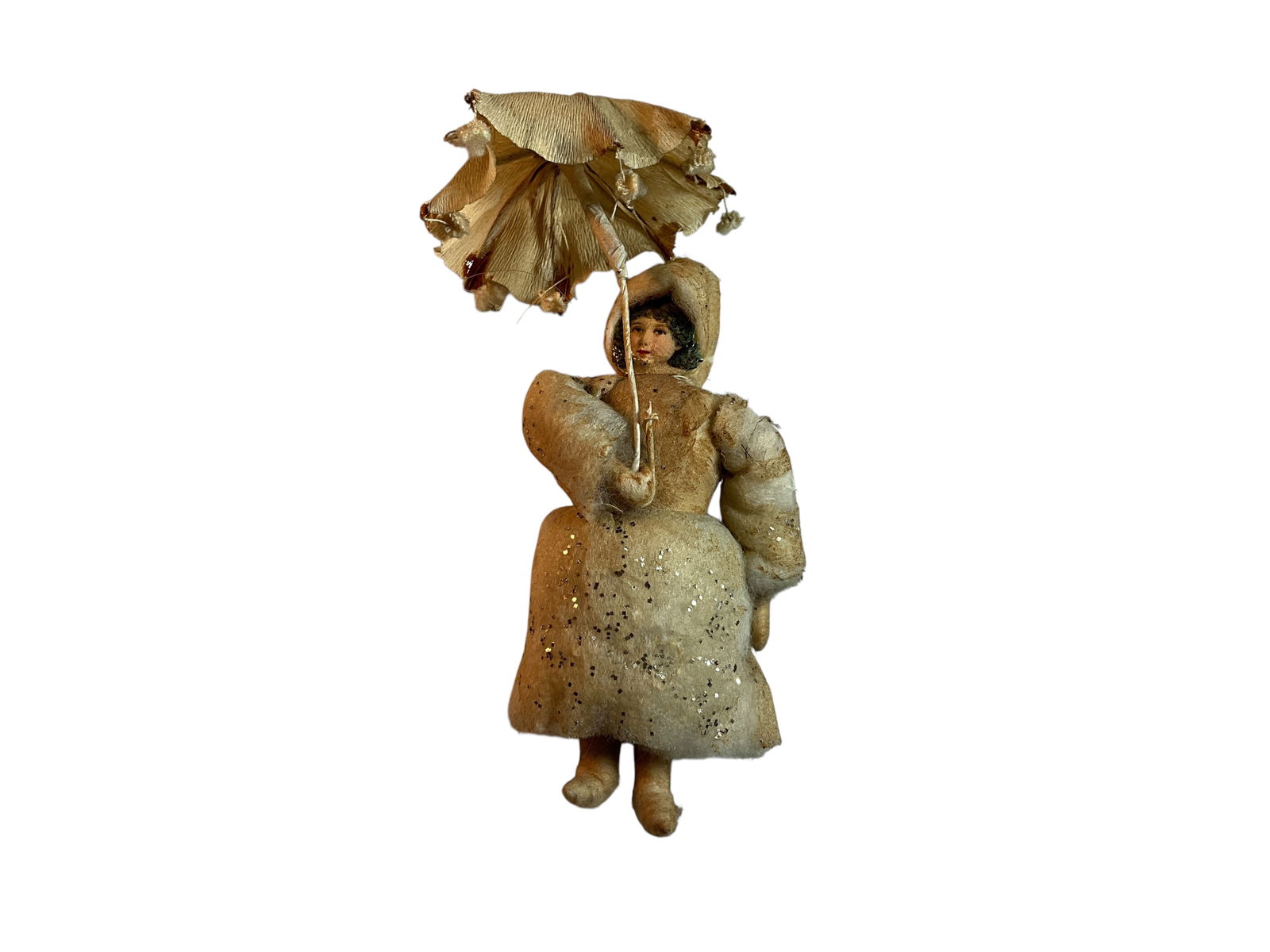 Antique Spun Cotton Christmas Decoration: Antique Spun Cotton Christmas Decoration. Girl with parasol, from the late 19th or early 20th Century.