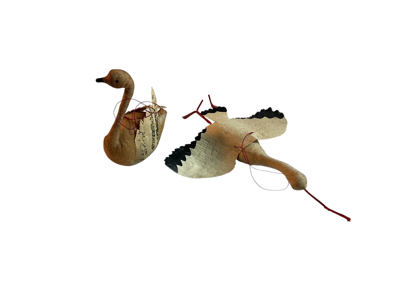 Antique Spun Cotton Christmas Decorations: Antique Spun Cotton Christmas Decorations. Crane and swan, from the late 19th or early 20th Century.