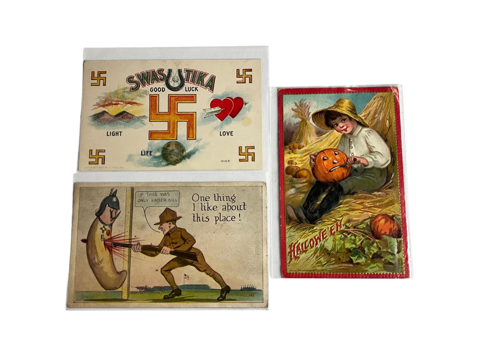 Group of Postcards- Halloween, WWI, Good Luck: Group of Postcards- Halloween, WWI, Good Luck. The "Swastika" postcard explores the historical roots of the traditional good luck symbol, before it was perverted by the Nazis.