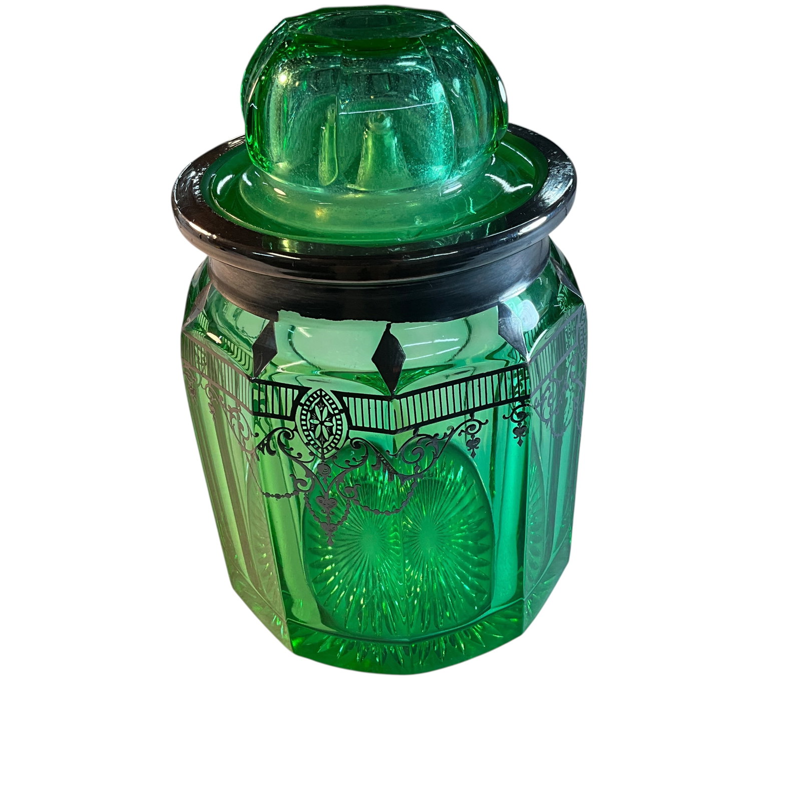 Heisey/Benson & Hedges Green Glass Cigar Jar With Sterling Overlay (1 of 6)